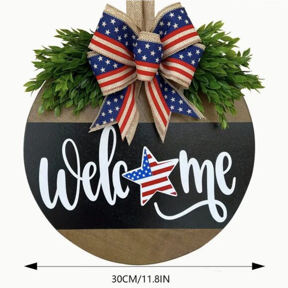 Welcome Patriotic Flag Front Door Hanging Sign Fourth of July Decor Wreath Gift - Picture 1 of 7